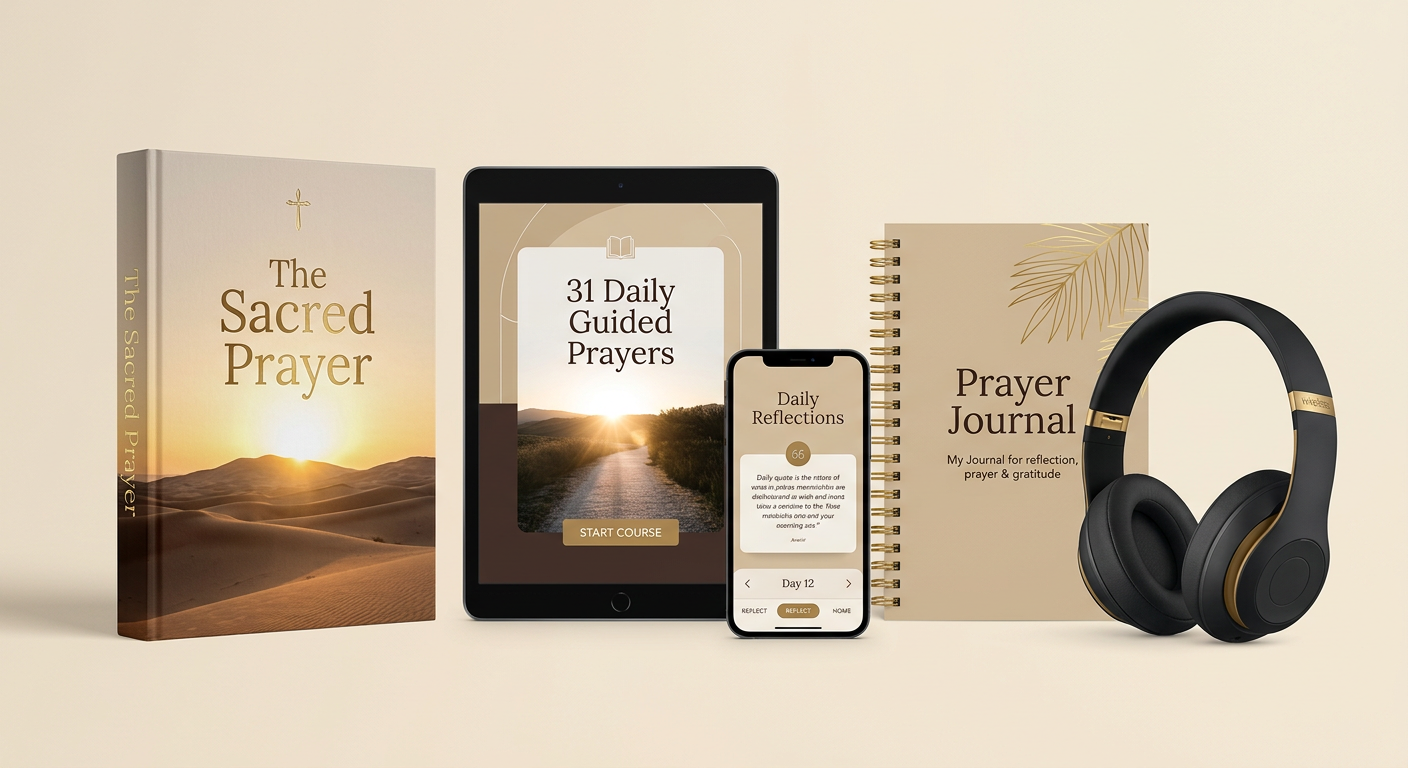 The Sacred Prayer guide, guided prayer audios, daily reflections and prayer journal shown on a book, tablet, phone and headphones